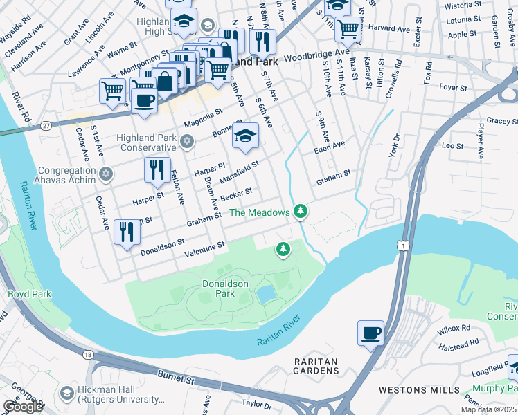 map of restaurants, bars, coffee shops, grocery stores, and more near 414 Graham Street in Highland Park
