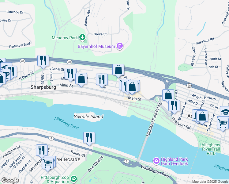 map of restaurants, bars, coffee shops, grocery stores, and more near 1930 Main Street in Pittsburgh