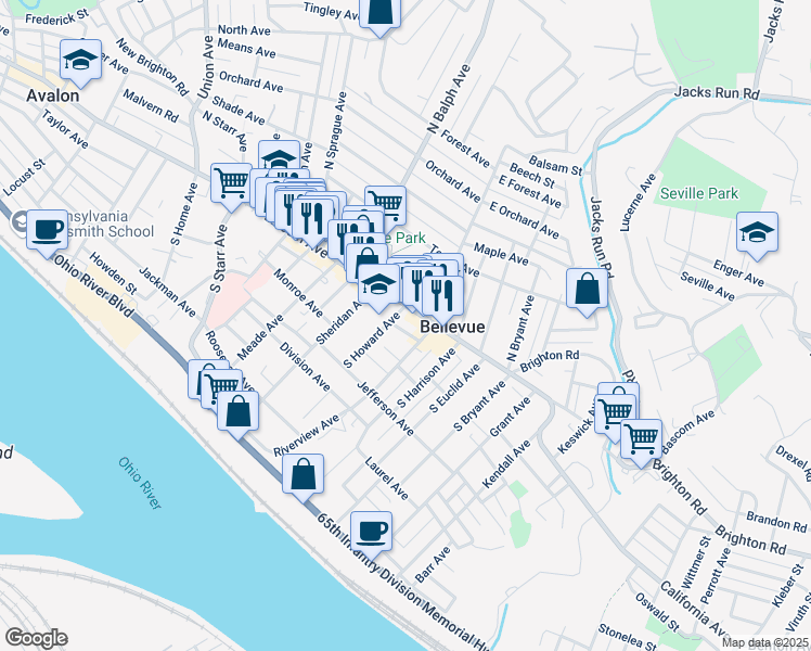 map of restaurants, bars, coffee shops, grocery stores, and more near 422 Hallett Place in Pittsburgh