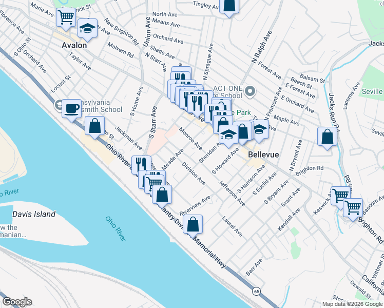 map of restaurants, bars, coffee shops, grocery stores, and more near 532 Madison Avenue in Pittsburgh