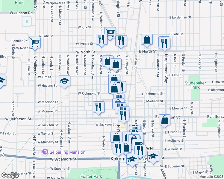 map of restaurants, bars, coffee shops, grocery stores, and more near 315 W Havens St in Kokomo