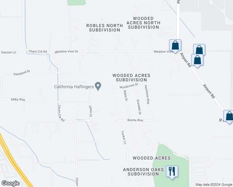 map of restaurants, bars, coffee shops, grocery stores, and more near 7097 Tucker Lane in Redding