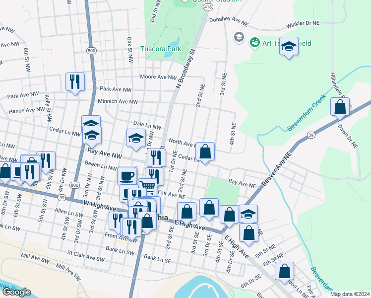 map of restaurants, bars, coffee shops, grocery stores, and more near 346 2nd Street Northeast in New Philadelphia