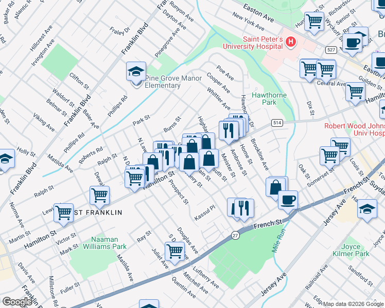 map of restaurants, bars, coffee shops, grocery stores, and more near 14 Dunham Avenue in Franklin Township