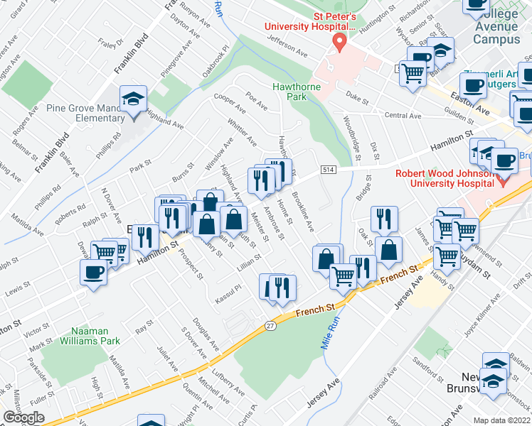 map of restaurants, bars, coffee shops, grocery stores, and more near 128 Ambrose Street in Franklin Township
