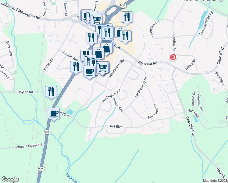 map of restaurants, bars, coffee shops, grocery stores, and more near 6 Sherwood Court in Flemington