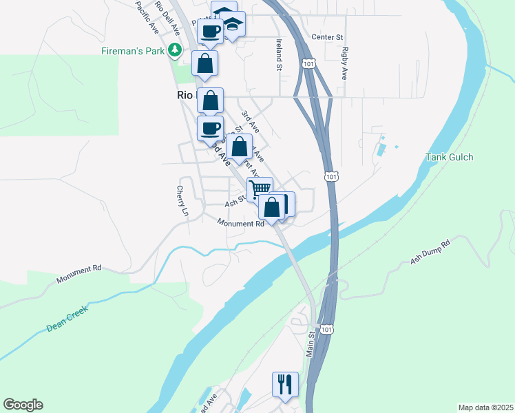 map of restaurants, bars, coffee shops, grocery stores, and more near 195 Wildwood Avenue in Rio Dell