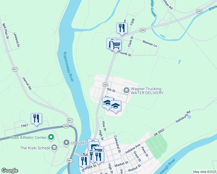 map of restaurants, bars, coffee shops, grocery stores, and more near 101 9th Street in Saltsburg