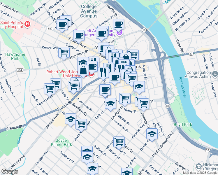 map of restaurants, bars, coffee shops, grocery stores, and more near 107 Bayard Street in New Brunswick