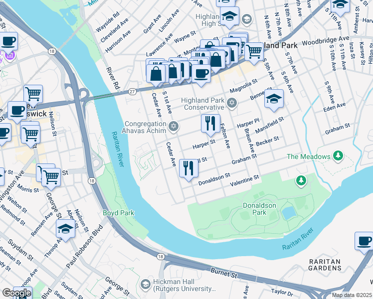 map of restaurants, bars, coffee shops, grocery stores, and more near 114 Harper St in Highland Park
