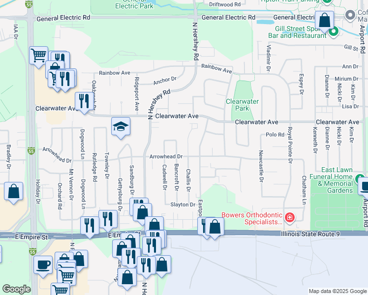 map of restaurants, bars, coffee shops, grocery stores, and more near 1308 Challis Drive in Bloomington