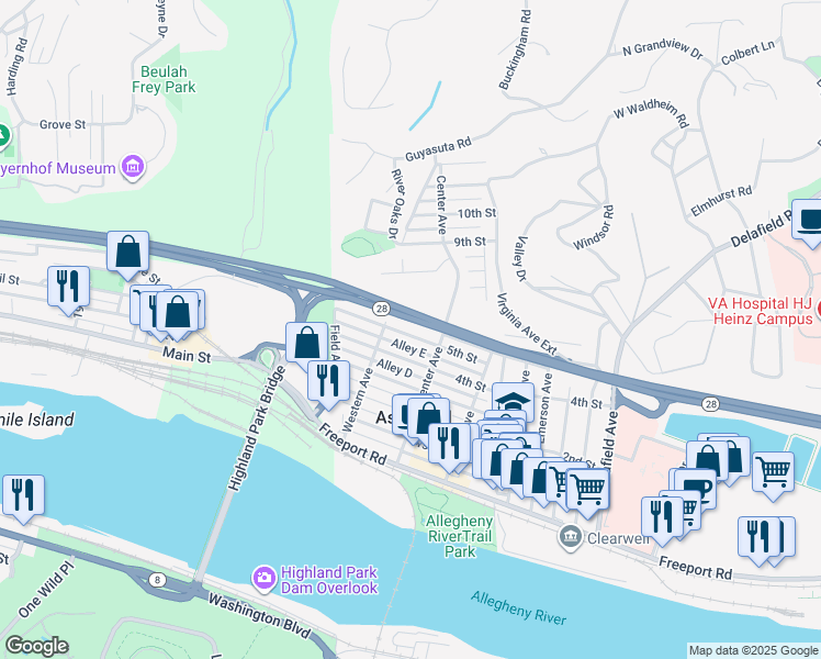 map of restaurants, bars, coffee shops, grocery stores, and more near 121 5th Street in Aspinwall