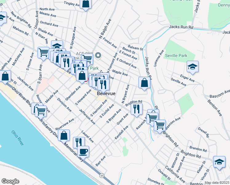 map of restaurants, bars, coffee shops, grocery stores, and more near 35 North Euclid Avenue in Pittsburgh