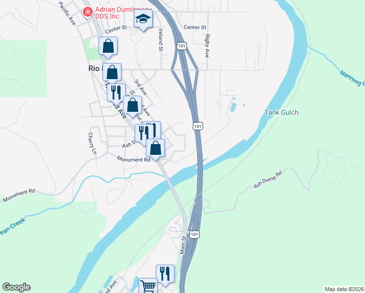 map of restaurants, bars, coffee shops, grocery stores, and more near 124 Meadow Bridge Lane in Rio Dell