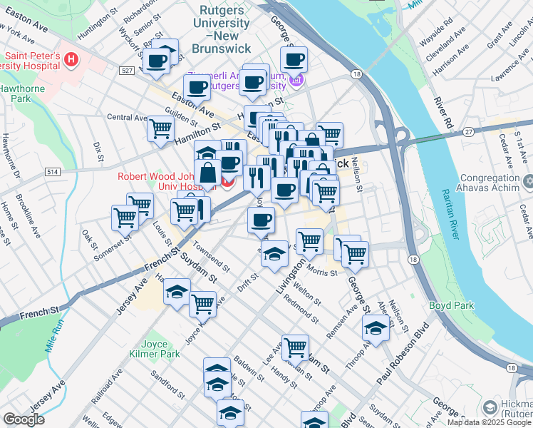 map of restaurants, bars, coffee shops, grocery stores, and more near 107 Bayard Street in New Brunswick