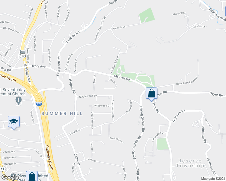 map of restaurants, bars, coffee shops, grocery stores, and more near 141 Villa Dr in Pittsburgh