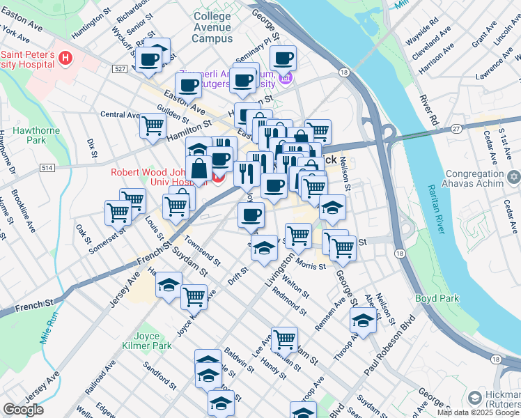 map of restaurants, bars, coffee shops, grocery stores, and more near 107 Bayard Street in New Brunswick