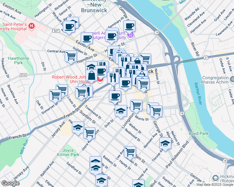 map of restaurants, bars, coffee shops, grocery stores, and more near 107 Bayard Street in New Brunswick