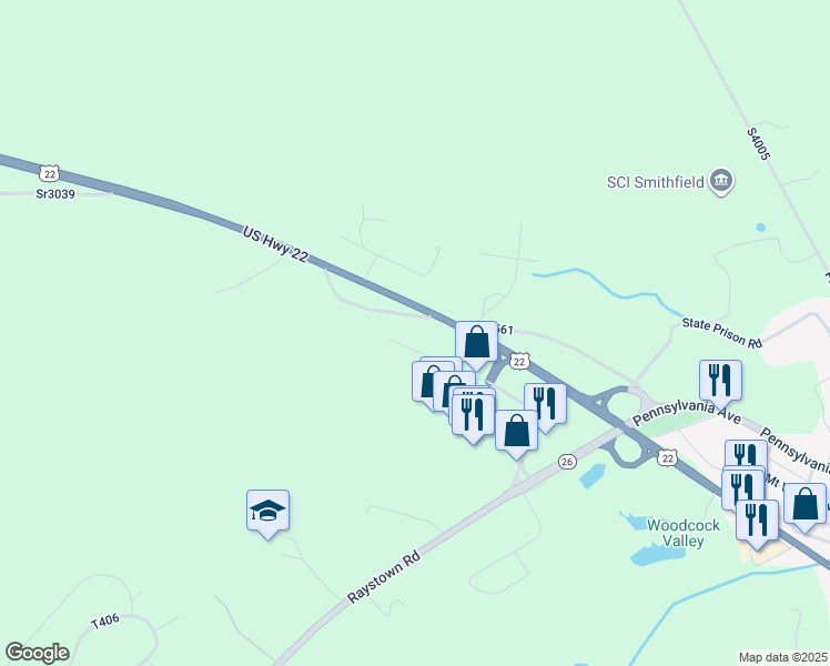map of restaurants, bars, coffee shops, grocery stores, and more near 6678 Towne Center Boulevard in Huntingdon