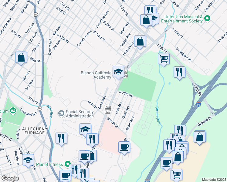 map of restaurants, bars, coffee shops, grocery stores, and more near 2500 Pleasant Valley Boulevard in Altoona