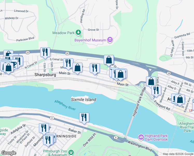 map of restaurants, bars, coffee shops, grocery stores, and more near 1875 Main Street in Sharpsburg