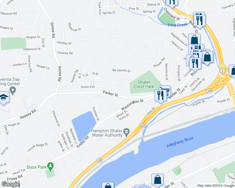 map of restaurants, bars, coffee shops, grocery stores, and more near 130 Parker Street in Pittsburgh