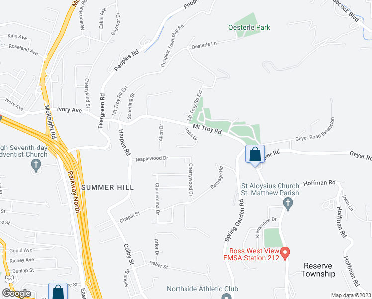 map of restaurants, bars, coffee shops, grocery stores, and more near 155 Villa Drive in Pittsburgh