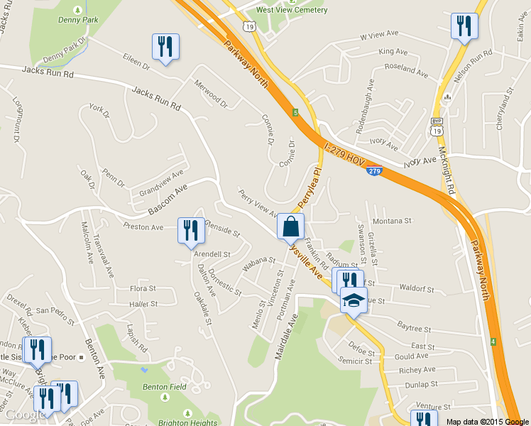map of restaurants, bars, coffee shops, grocery stores, and more near 35 Perry View Avenue in Pittsburgh