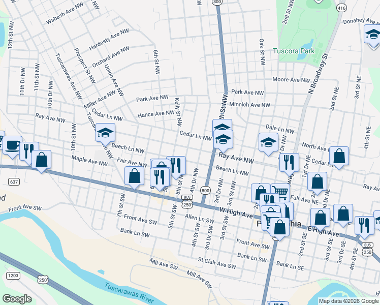 map of restaurants, bars, coffee shops, grocery stores, and more near 444 Ray Avenue Northwest in New Philadelphia