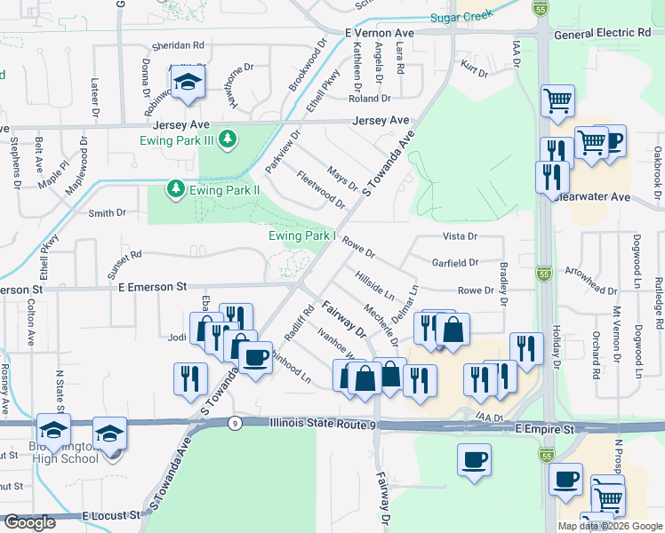 map of restaurants, bars, coffee shops, grocery stores, and more near 502 Radliff Road in Bloomington