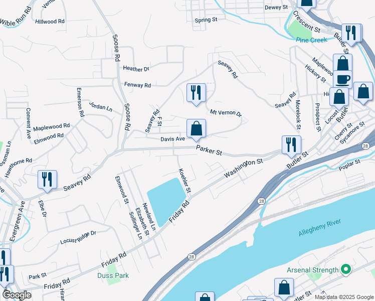 map of restaurants, bars, coffee shops, grocery stores, and more near 221 Parker Street in Pittsburgh