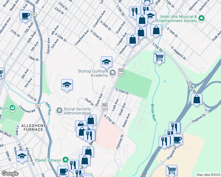 map of restaurants, bars, coffee shops, grocery stores, and more near 2500 Pleasant Valley Boulevard in Altoona