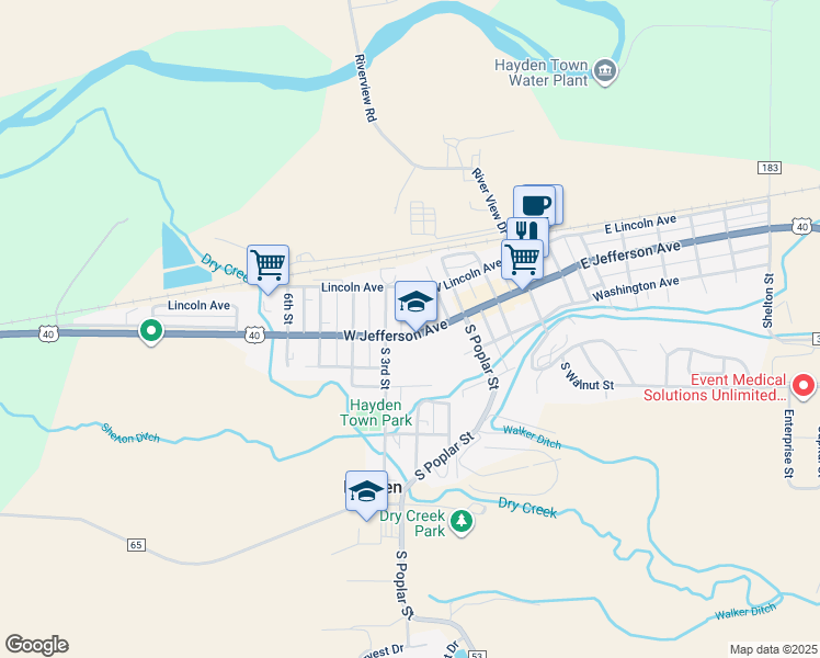 map of restaurants, bars, coffee shops, grocery stores, and more near 101 North 2nd Street in Hayden