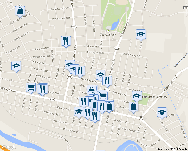 map of restaurants, bars, coffee shops, grocery stores, and more near 324 2nd St NW in New Philadelphia
