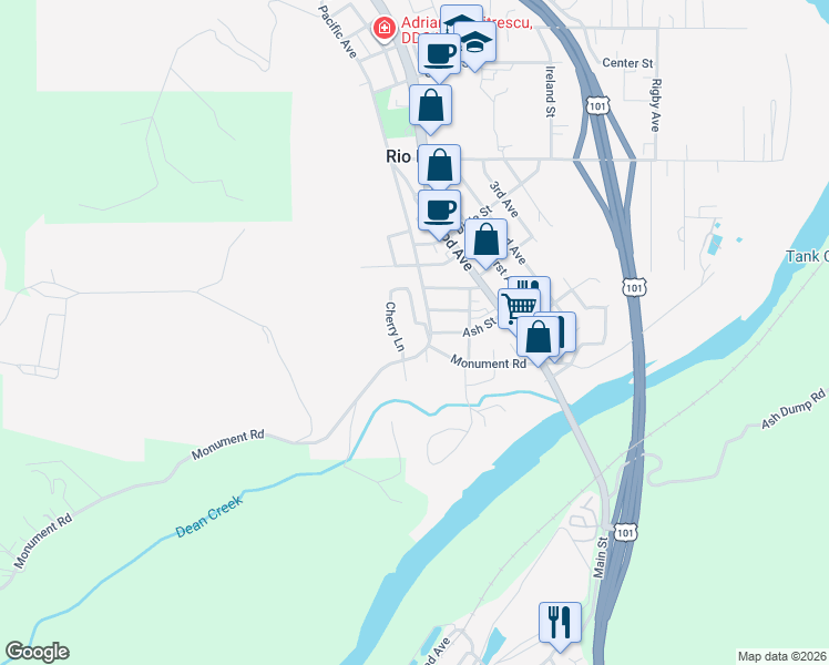 map of restaurants, bars, coffee shops, grocery stores, and more near 260 Cherry Lane in Rio Dell