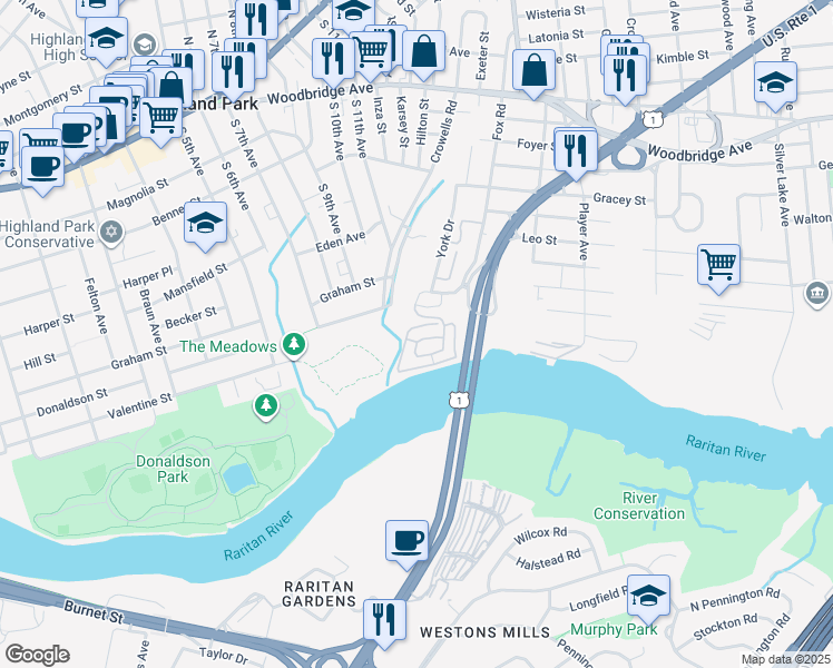 map of restaurants, bars, coffee shops, grocery stores, and more near 147 Marina Drive in Edison