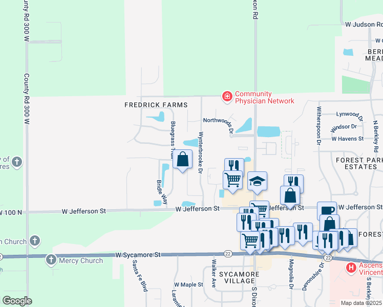 map of restaurants, bars, coffee shops, grocery stores, and more near 2692 Wynterpointe Court in Kokomo