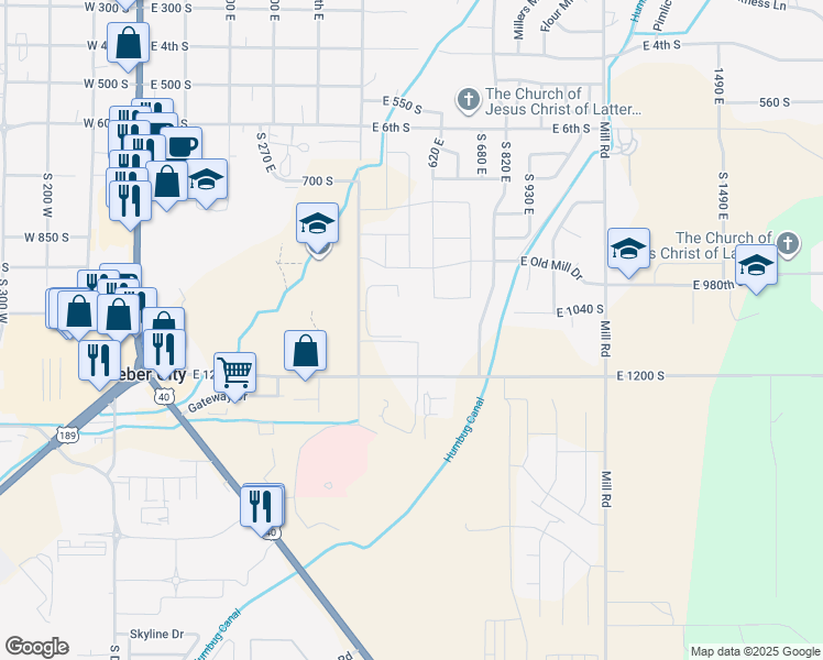 map of restaurants, bars, coffee shops, grocery stores, and more near 1051 500 East in Heber City