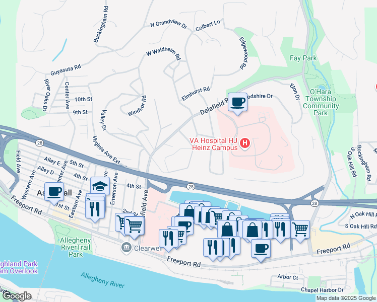 map of restaurants, bars, coffee shops, grocery stores, and more near 228 East Waldheim Road in Pittsburgh