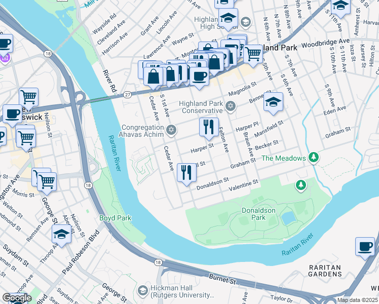 map of restaurants, bars, coffee shops, grocery stores, and more near 134 Harper Street in Highland Park