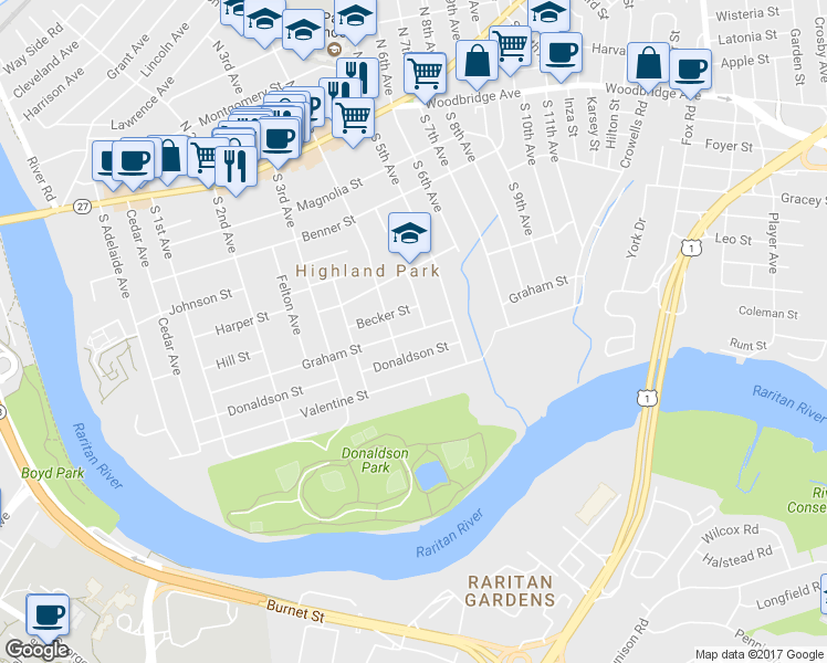 map of restaurants, bars, coffee shops, grocery stores, and more near 414 Graham Street in Highland Park