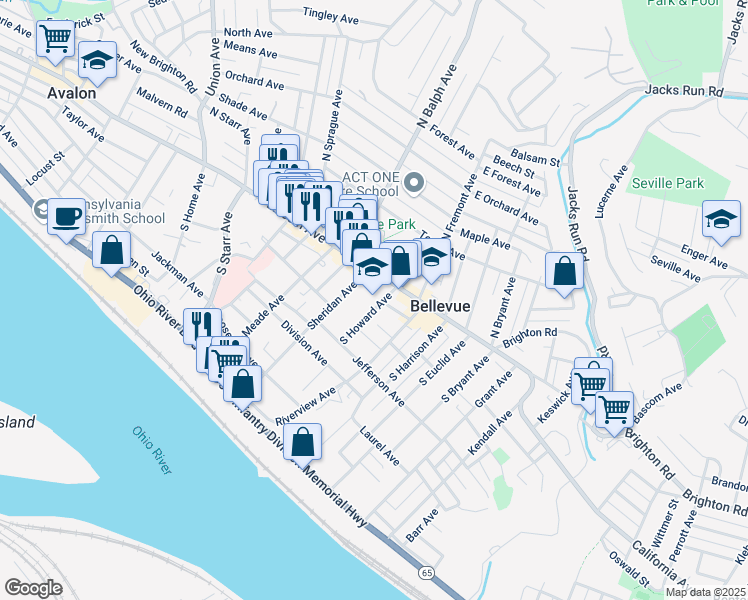 map of restaurants, bars, coffee shops, grocery stores, and more near 435 Lincoln Avenue in Bellevue