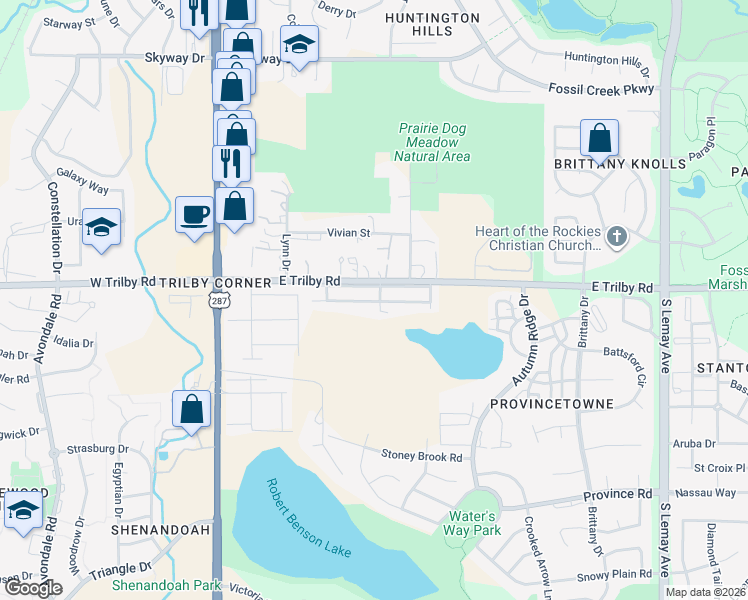 map of restaurants, bars, coffee shops, grocery stores, and more near 517 East Trilby Road in Fort Collins