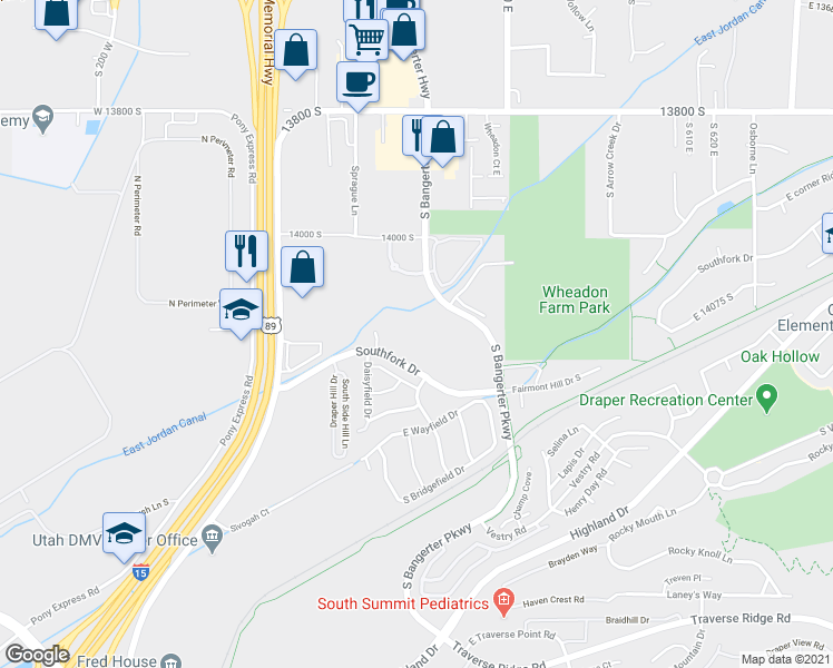 map of restaurants, bars, coffee shops, grocery stores, and more near 14178 South Bangerter Parkway in Draper