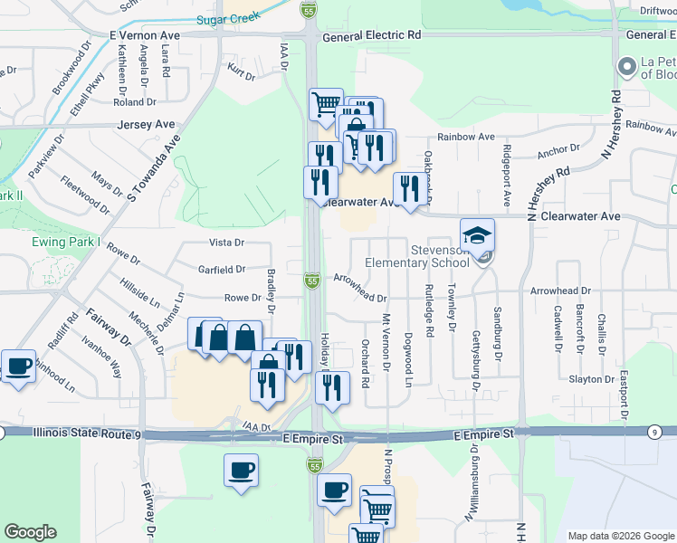 map of restaurants, bars, coffee shops, grocery stores, and more near 1606 Arrowhead Drive in Bloomington
