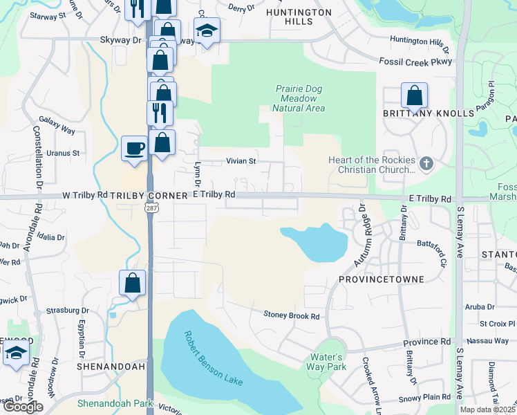 map of restaurants, bars, coffee shops, grocery stores, and more near 6517 Vivian Court in Fort Collins