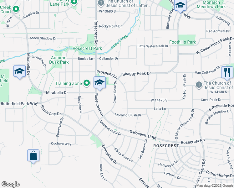 map of restaurants, bars, coffee shops, grocery stores, and more near 14147 Crown Rose Drive in Herriman