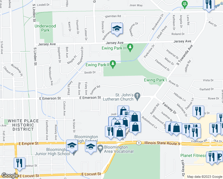 map of restaurants, bars, coffee shops, grocery stores, and more near 21 Sunset Road in Bloomington