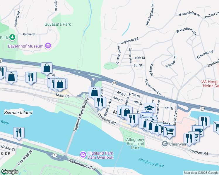 map of restaurants, bars, coffee shops, grocery stores, and more near 34 5th Street in Aspinwall
