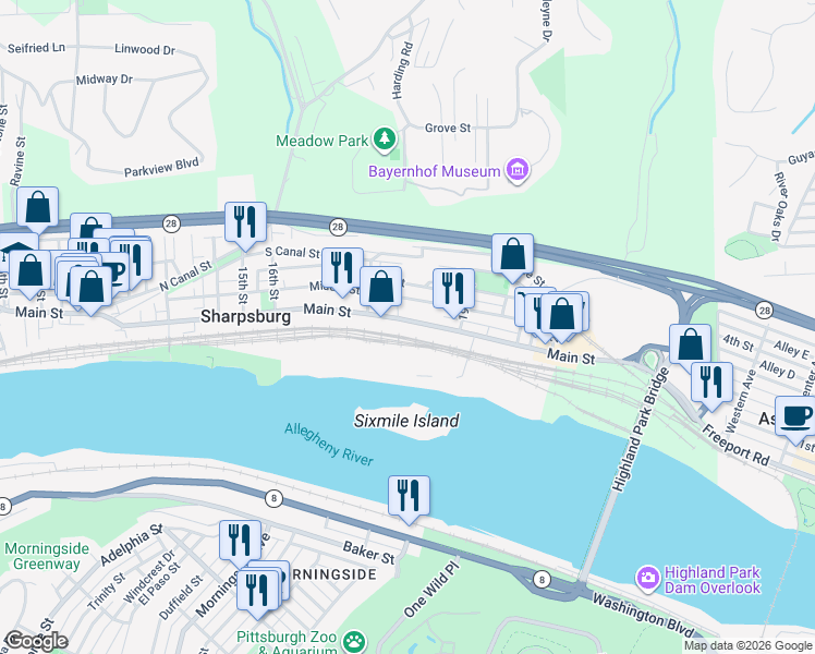 map of restaurants, bars, coffee shops, grocery stores, and more near 1843 Main Street in Pittsburgh
